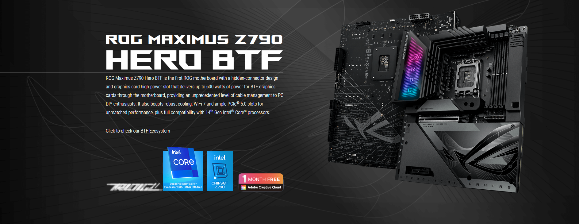 A large marketing image providing additional information about the product ASUS ROG Z790 Hero BTF LGA1700 ATX Desktop Motherboard - Additional alt info not provided